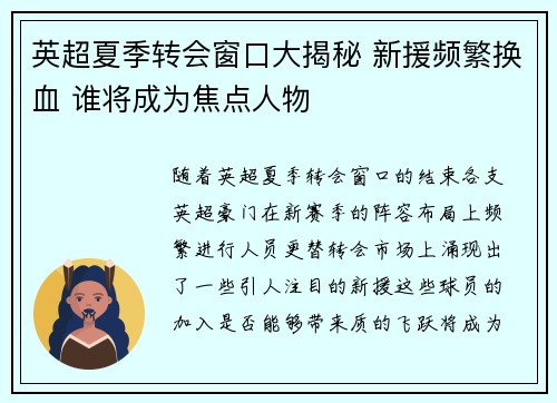 英超夏季转会窗口大揭秘 新援频繁换血 谁将成为焦点人物